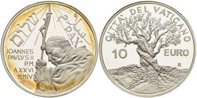 Ватикан 10 евро 2004 Иоанн Павел II, 150 лет провозглашения догмата о непорочном зачатии, в оригинальной коробке, с сертификатом KM 360 серебро  PROOF  7-1-49