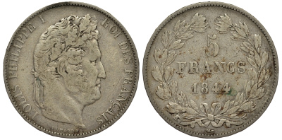 Франция 5 франков 1844 W, Луи Филипп I (1830-1848) KM 749.13 серебро    1530-1014
