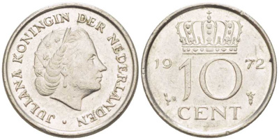 Нидерланды 10 центов 1972 Юлиана (1948-1980) KM 182 никель 214-1262