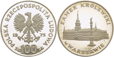 Польша 100 злотых 1975 MW, королевский замок в Варшаве KM 76, Parchimowicz 271 серебро PROOF 1099-2-41