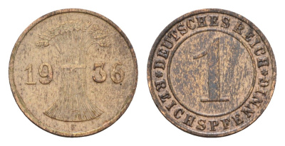 Германия 1 рейхспфенниг 1936 F KM 37, J. 313 бронза 4630-1036