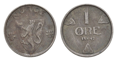 Норвегия 1 эре 1942 Хокон VII (1905-1957) KM 387 железо 4632-1053