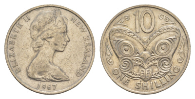 Новая Зеландия 10 центов 1967 Елизавета II (1952-2022), маска маори KM 35 медно-никель 4652-632
