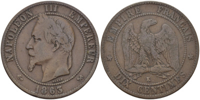 Франция 10 сантимов 1863 K, Наполеон III (1852-1870) KM 798.3, Le Franc 134.10 бронза 3460-232