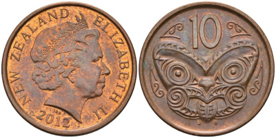 Новая Зеландия 10 центов 2012 маска Маори, Елизавета II (1952-) KM 117а сталь плакированная медью 51-1713