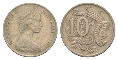 Австралия 10 центов 1971 Елизавета II (1952-2022), птица лирахвост KM 65 медно-никель 4364-114