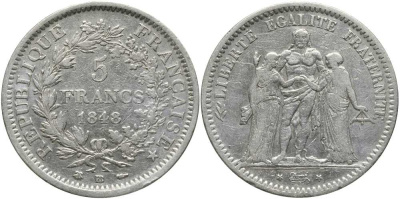 Франция 5 франков 1848 ВВ, богини Равенства и Братства, Геркулес, Le Franc 326.2 KM 756.2, Le Franc 326.2 серебро    633-1132