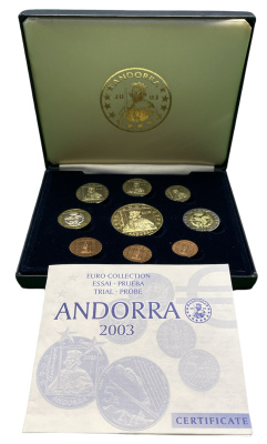Андорра евронабор из 9 монет (с 5 евро) 2003 в оригинальной коробке, с сертификатом, PROBA, пробники    PROOF  5-4-6-13
