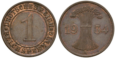 Германия 1 рейхспфенниг 1934 A KM 37, J. 313 бронза 192-962