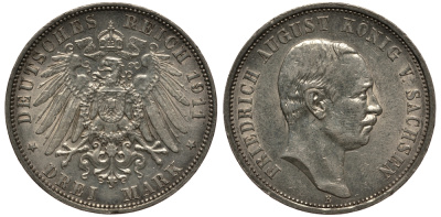 Саксония 3 марки 1911 E, Фридрих Август III (1904-1918) Weege 132, J. 135, KM 1267 серебро 3711-1335
