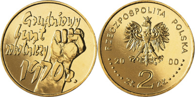 Польша 2 злотых 2000 MW, волнения 1970-1971 годов, 30-ая годовщина KM 404 нордик  UNC  4521-931