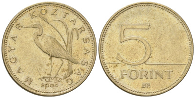 Венгрия 5 форинтов 2004 BP, большой белый аист KM 693 медно-никель 4548-1215