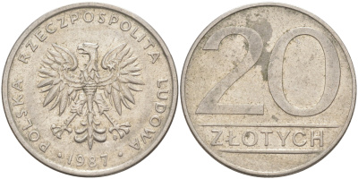 ПОЛЬША 20 ЗЛОТЫХ 1987 MW KM 153.1 медно-никель 119-1134