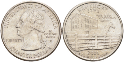 США 25 центов = квотер 2001 Р, серия штаты США, Кентукки KM 322 медь плакированная медно-никелем 4114-144