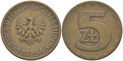 ПОЛЬША 5 ЗЛОТЫХ 1975 ЛЕНИНГРАДСКИЙ МОНДВОР KM 81.1 латунь 4548-637