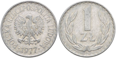 ПОЛЬША 1 ЗЛОТЫЙ 1977 MW KM 49.1 алюминий 4551-1044