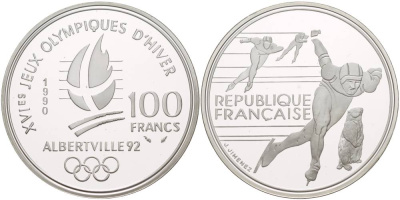 Франция 100 франков 1990 XVI Зимние Олимпийские игры 1992 в Альбервиле, конькобежный спорт KM 980 серебро PROOF 1081-6-13