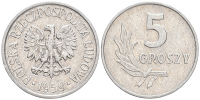 ПОЛЬША 5 ГРОШЕЙ 1959 KM А46 алюминий 4516-1158