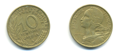 ФРАНЦИЯ 10 САНТИМОВ 1963 ТИП MARIANE KM 929, LE FRANC 144.3 алюминиевая бронза 83-317