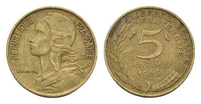 Франция 5 сантимов 1966 KM 933 алюминиевая бронза 4674-551