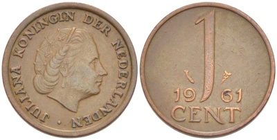 Нидерланды 1 цент 1961 Юлиана (1948-1980) КМ 180 бронза 218-859