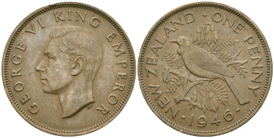 Новая Зеландия 1 пенни 1946 Георг VI (1936-1952), новозеландский туи KM 13 бронза 32-1243