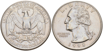 США 25 центов = квотер 1998 D, Вашингтон KM A164a медь плакированная медно-никелем 190-427