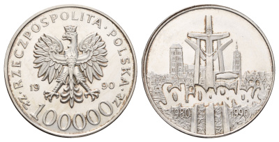 Польша 100000 злотых 1990 10 лет независимому самоуправляемому профсоюзу «Солидарность» Y 196.1 серебро PROOF 1520-1034