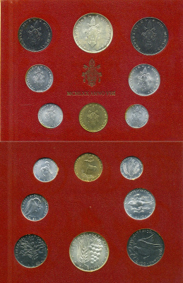Ватикан набор из 8 монет 1970 1, 2, 5, 10, 20, 50, 100, 500 лир, в оригинальном буклете KM MS74 серебро UNC 8-1-01-17