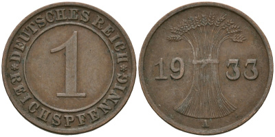 Германия 1 рейхспфенниг 1933 A KM 37, J. 313 бронза 4189-1159
