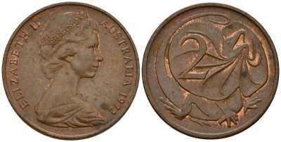 Австралия 2 цента 1972 Елизавета II (1953-), молодой портрерт, плащеносная ящерица KM 63 бронза 4601-743