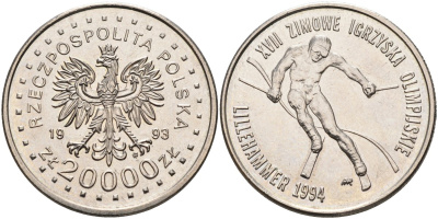 Польша 20000 злотых 1993 XVII зимние Олимпийские игры в Лилихамере 1994 года, слалом KM 261, Parchimowicz 612 медно-никель 4185-1245