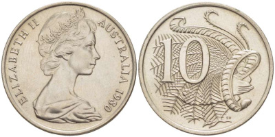 Австралия 10 центов 1980 Елизавета II (1952-), птица лирахвост KM 65 медно-никель UNC 4519-423