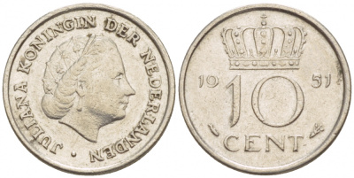НИДЕРЛАНДЫ 10 ЦЕНТОВ 1950 ЮЛИАНА, ПЕРВЫЙ ГОД KM 182 никель 4547-825