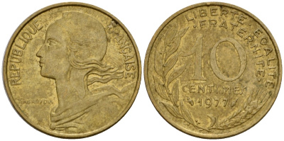 Франция 10 сантимов 1977 тип Marianne KM 929 алюминиевая бронза 4391-227