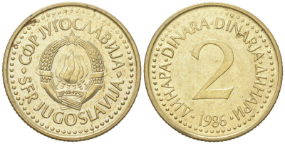 Югославия 2 динара 1986 KM 87 никель латунь UNC 4618-212