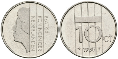 НИДЕРЛАНДЫ 10 ЦЕНТОВ 1985 БЕАТРИКС KM 203 никель 96-565