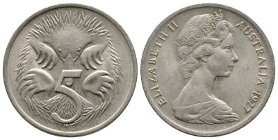 АВСТРАЛИЯ 5 ЦЕНТОВ 1977 ЕЛИЗАВЕТА II, МОЛОДОЙ ПОРТРЕТ, ЕХИДНА KM 64 медно-никель 23-1435