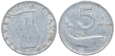 Италия 5 лир 1954 R, плуг, дельфин KM 92 алюминий 4596-425