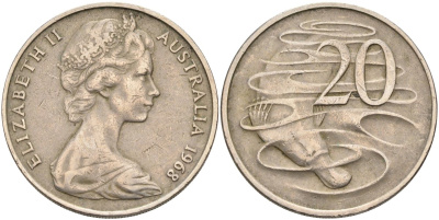 Австралия 20 центов 1968 Елизавета II (1952-2022), утконос KM 66 медно-никель 4131-843