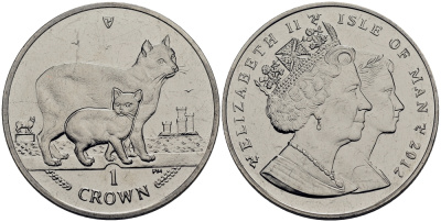 Остров Мэн 1 крона 2012 мэнская кошка с котенком KM 1538 медно-никель UNC 4125-125