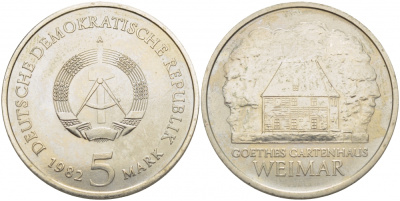 ГДР 5 марок 1982 A, Веймар, садовый домик Гете KM 85 медь цинк никель UNC 272-1115