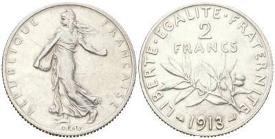 Франция 2 франка 1913 редкий год, тираж 500.000 экземпляров KM 845 серебро 4044-434