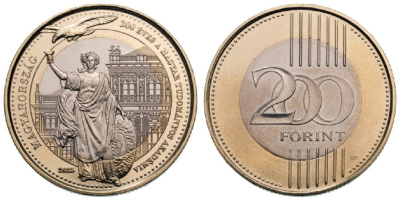 Венгрия 200 форинтов 2025 венгерская академия наук, птица KM NEW биметалл  UNC M72-20
