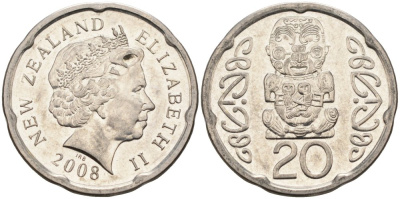 Новая Зеландия 20 центов 2008 Елизавета II (1952-2022), идол Пукаки KM 118а никелированная сталь 4579-1234