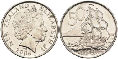 Новая Зеландия 50 центов 2006 Елизавета II (1952-2022), парусник Индевор KM 119а никелированная сталь 4579-1041