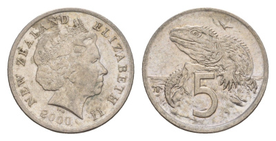 Новая Зеландия 5 центов 2000 Елизавета II (1952-2022), ящерица гаттерия KM 116 медно-никель 4588-135