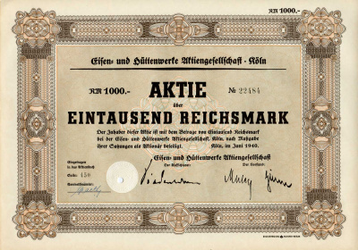 Германия 1000 рейхсмарок 1940 Акционерное общество металлургических и металлургических заводов, Кельн, акция   бумага   8803-60-1
