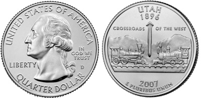США 25 центов (квотер) 2007 D, серия штаты США, Юта KM 400 медь плакированная медно-никелем  UNC  M38-17