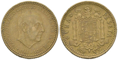 Испания 1 песета 1966 (74) Франсиско Франко (1939-1975) KM 796 алюминиевая бронза 4618-519